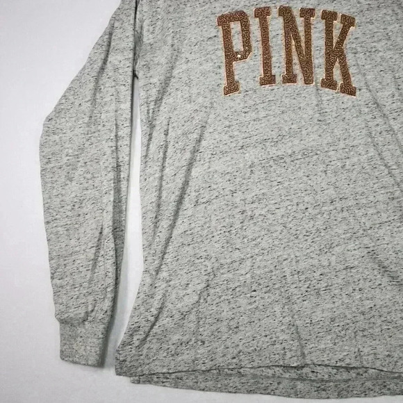 PINK Victoria's Secret Women's Bling T-shirt Small Rose Gold Sequin Logo LS Gray - Picture 6 of 14